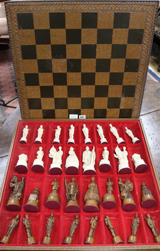An American Civil War theme chess set, together with a chequer board